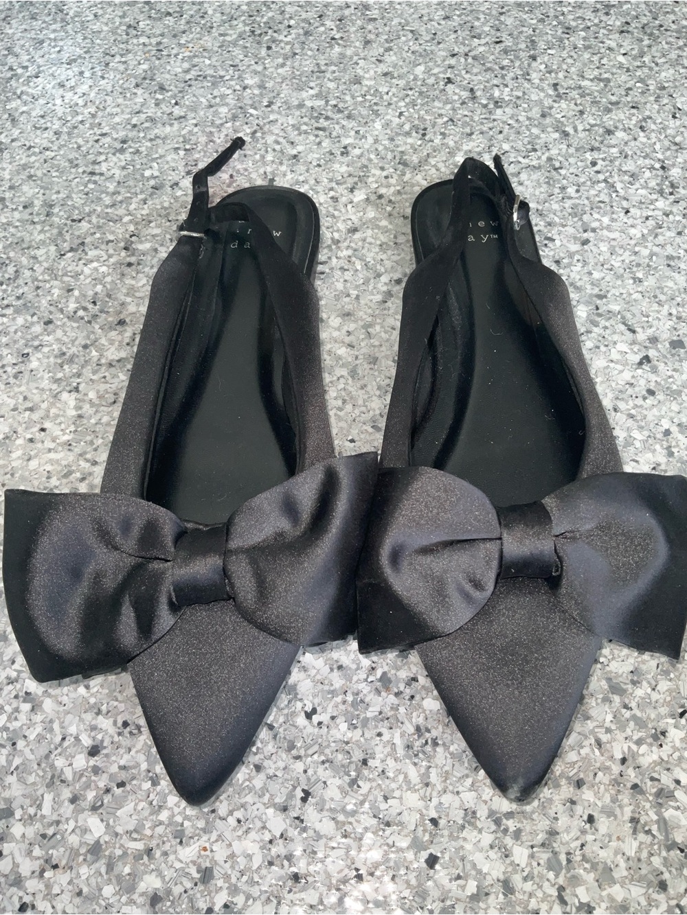 a new day Black Satin Pointed Toe Bow Slingback Flats